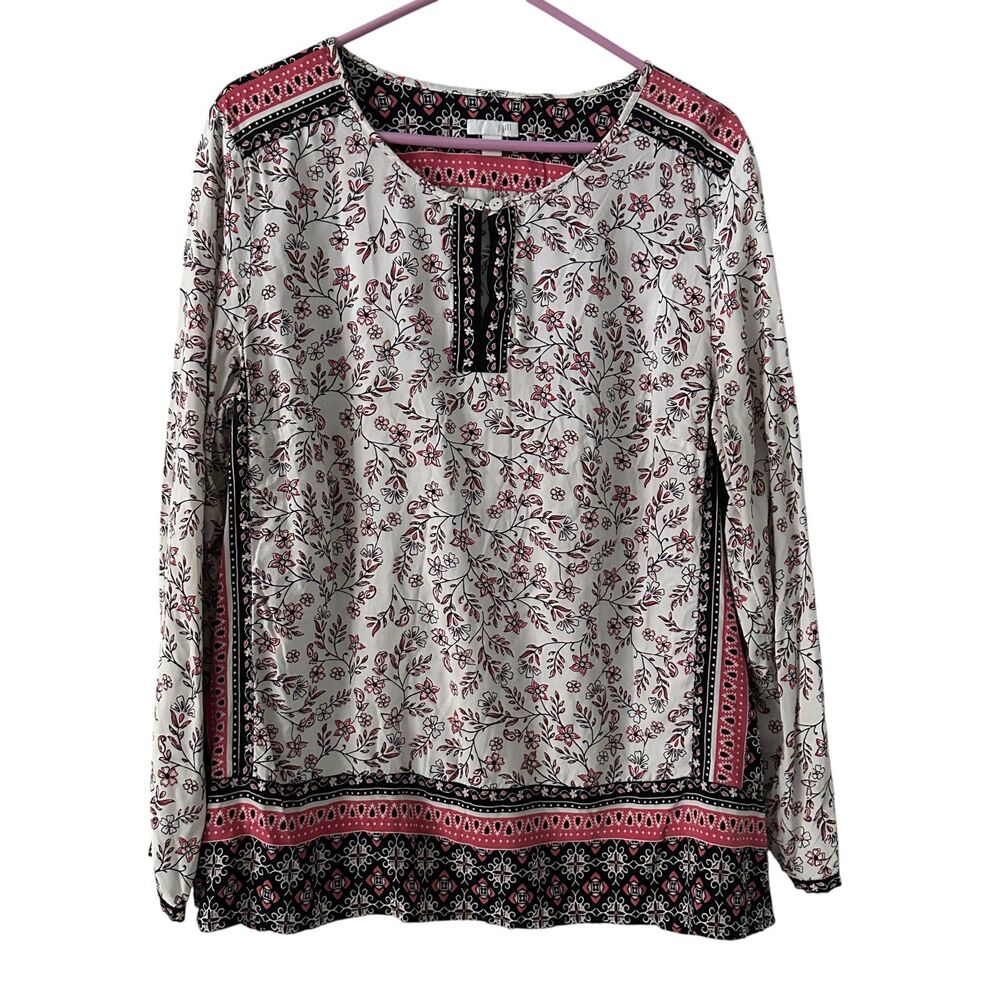 J. Jill Black, Pink and White Boho Rayon Floral Tunic Blouse Size L